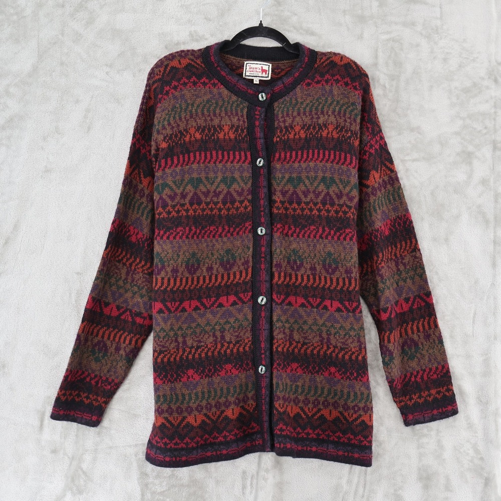 The Alpaca Connection Cardigan Womens XL Multi Geometric Fair Isle Handmade Peru